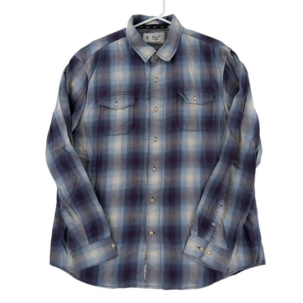 Original‎ Penguin Shirt Mens 2XL Blue Plaid Long Sleeve Button Up Slim Flannel